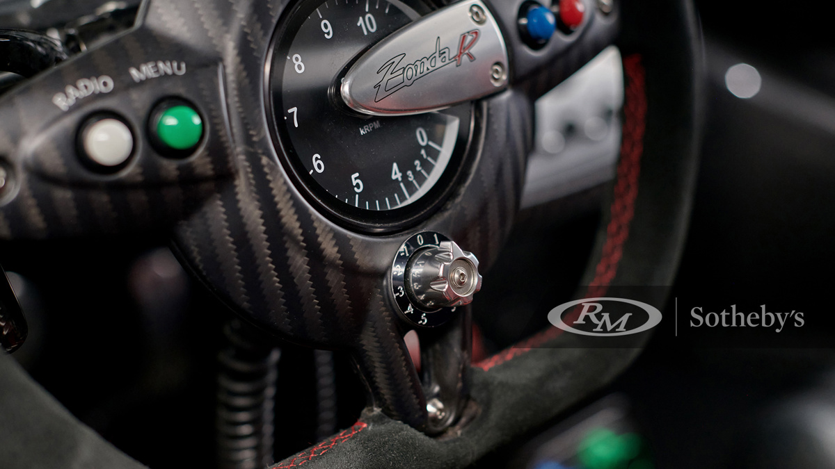 Steering wheel of the 2010 Pagani Zonda R Evolution offered through RM Sotheby's Private Sales 2021