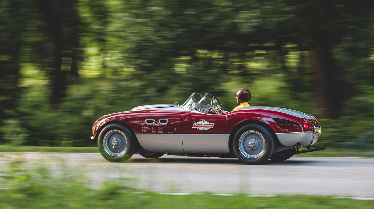Driving shot of 1953 Ferrari 166 MM Spider Series II by Vignale Offered at Rm Sotheby's Monterey Live Auction 2021