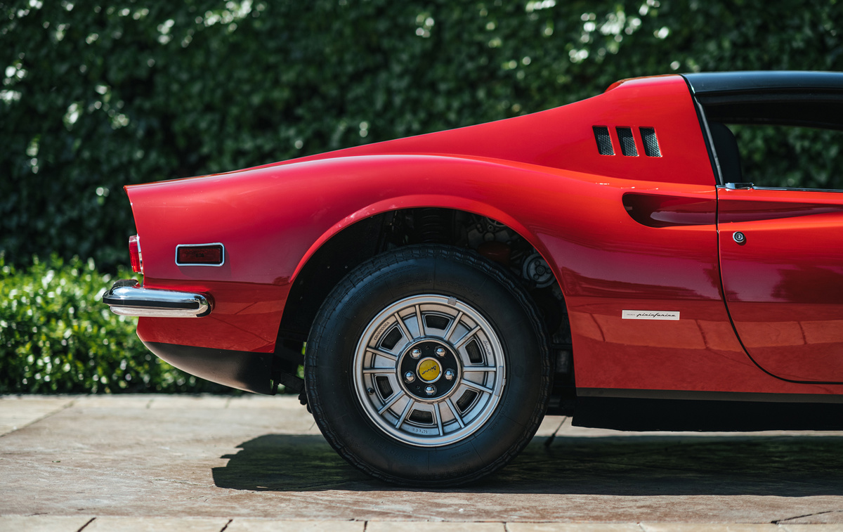 Rear tire of 1972 Ferrari Dino 246 GTS by Scaglietti available at RM Sotheby's Amelia Island Live Auction 2021