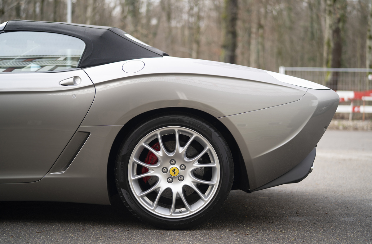 Side profile of the Gunmetal Grey 2009 Ferrari 599 GTZ Nibbio Spyder by Zagato available at RM Sotheby's Paris Auction 2021