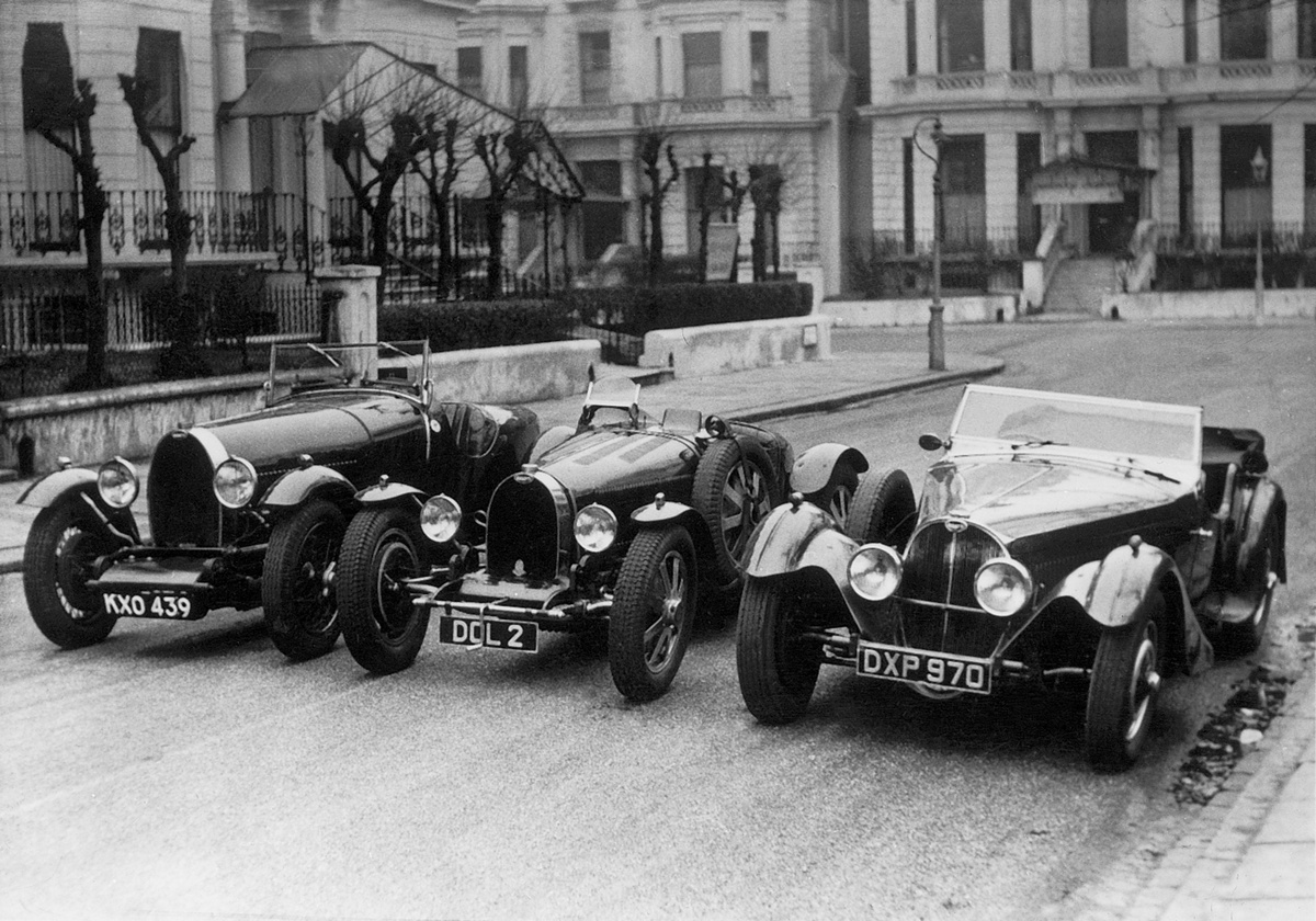 1937 Bugatti Type 57SC Tourer by Corsica pictured with a trio of Bugattis