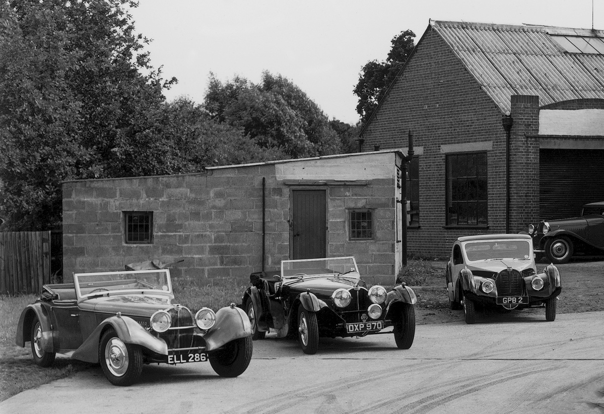 Chassis 57512 along with the Vanden Plas-bodied 57572 and Atalante 57573 at Continental Cars Ltd in Surrey in 1946