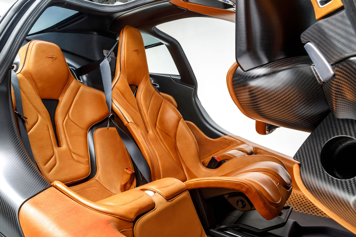 Vintage Tan Aniline Leather Three-Seat Cockpit of 2020 McLaren Speedtail available at RM Sotheby’s Arizona Live Auction 2021