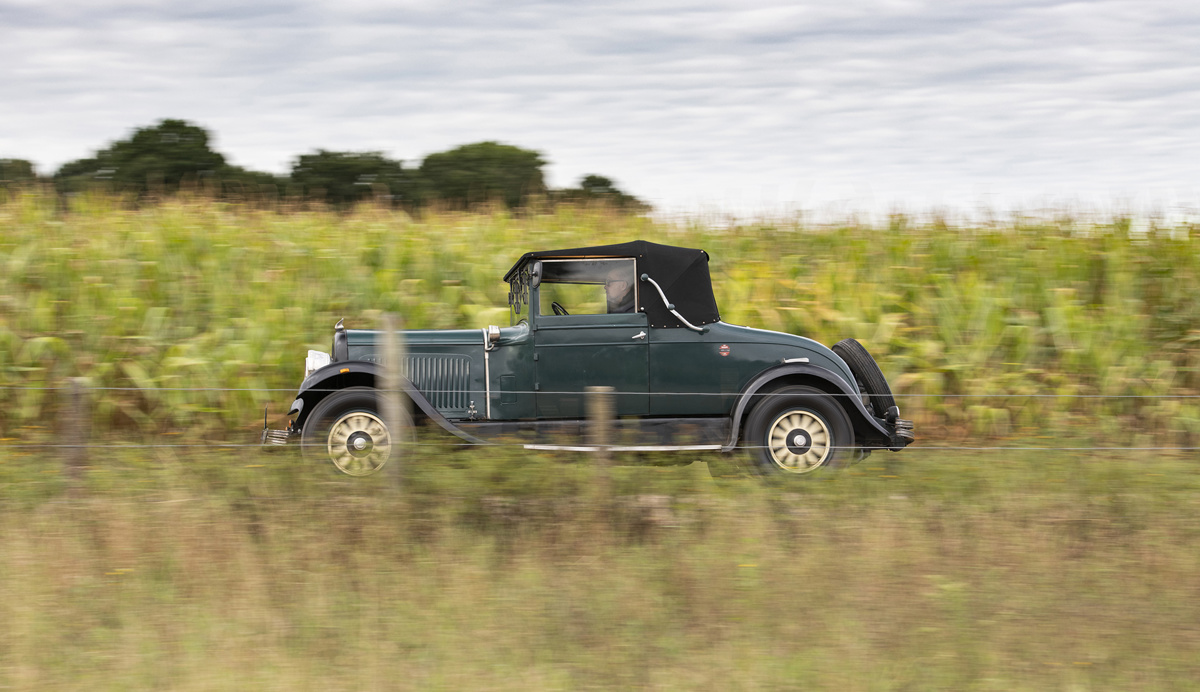 Shot of driving 1928 Chrysler Model 72 Roadster offered at RM Sotheby's London online auction 2020