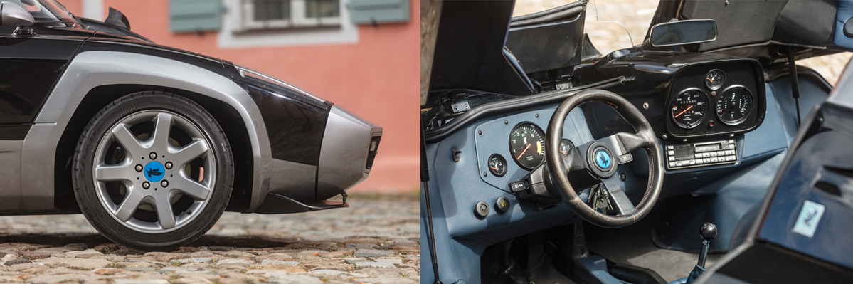 Wheel and interior of 1989 Isdera Spyder 036i offered at RM Sotheby's Monaco live auction 2022