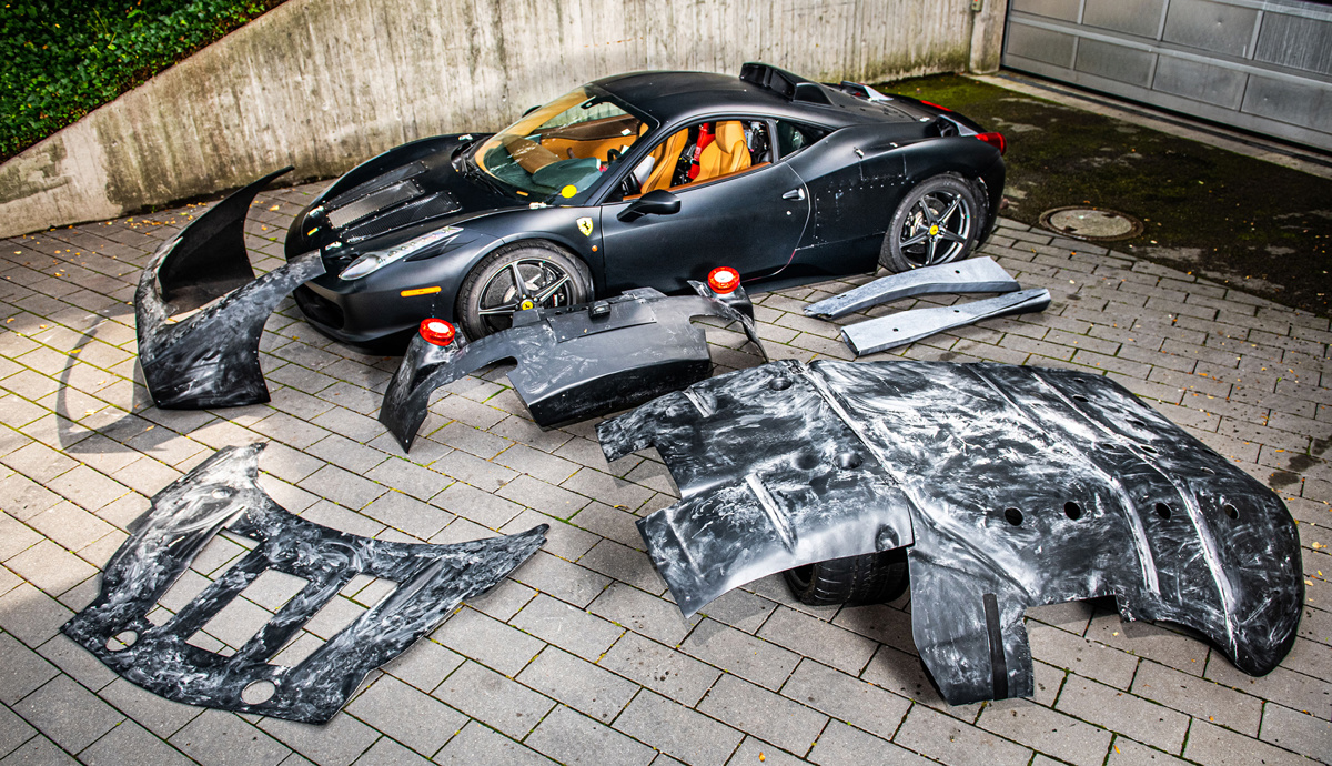 Camouflage panels of 2012 Ferrari LaFerrari Prototype offered at RM Sotheby's Monaco live auction 2022