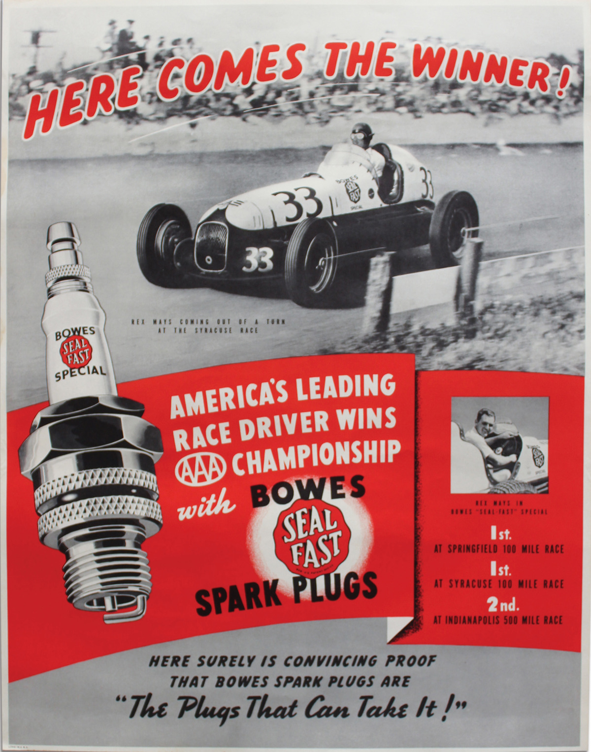 America's Leading Driver Wins Championship with Bowes Spark Plugs poster offered in RM Sotheby's The Art of Competition