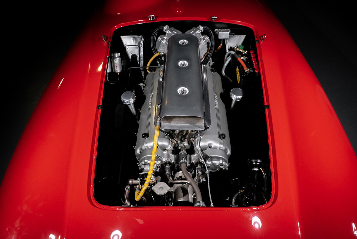 Engine of 1953 Ferrari 375 MM Spider by Scaglietti offered at RM Sotheby's Monterey live auction 2022
