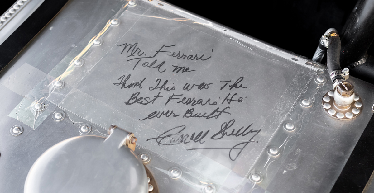 Shelby’s inscription on fuel tank of 1955 Ferrari 410 Sport Spider by Scaglietti offered at RM Sotheby’s Monterey auction