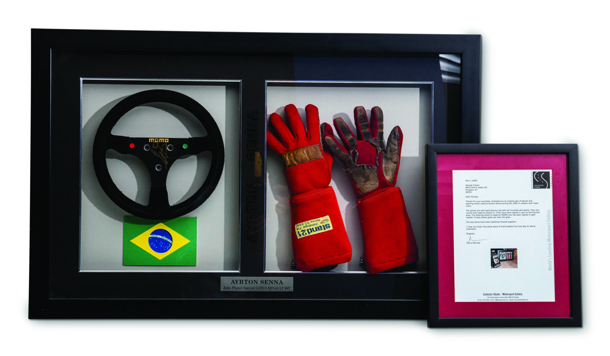 Ayrton Senna Lotus Renault 98T Signed Steering Wheel and Racing Gloves offered in RM Sotheby’s Formula 1 Memorabilia auction